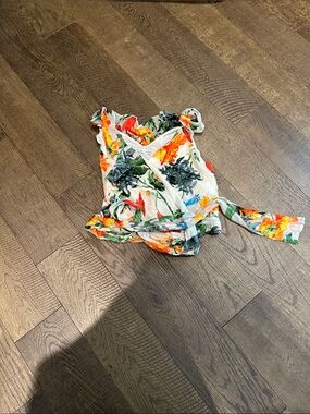 Floral Wrap One-Piece Swim Suit - White with Orange & Green